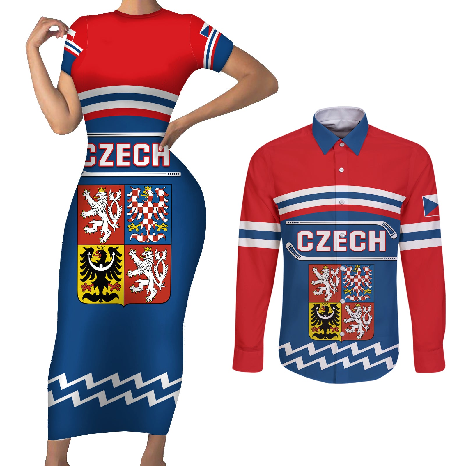 Czech Hockey 2024 Couples Matching Short Sleeve Bodycon Dress and Long Sleeve Button Shirt Come on Czechia - Wonder Print Shop