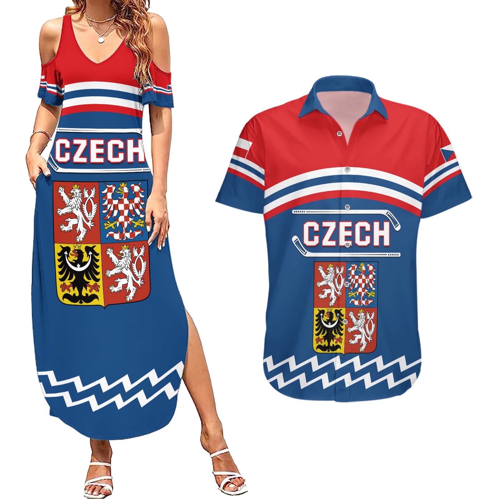 Czech Hockey 2024 Couples Matching Summer Maxi Dress and Hawaiian Shirt Come on Czechia - Wonder Print Shop