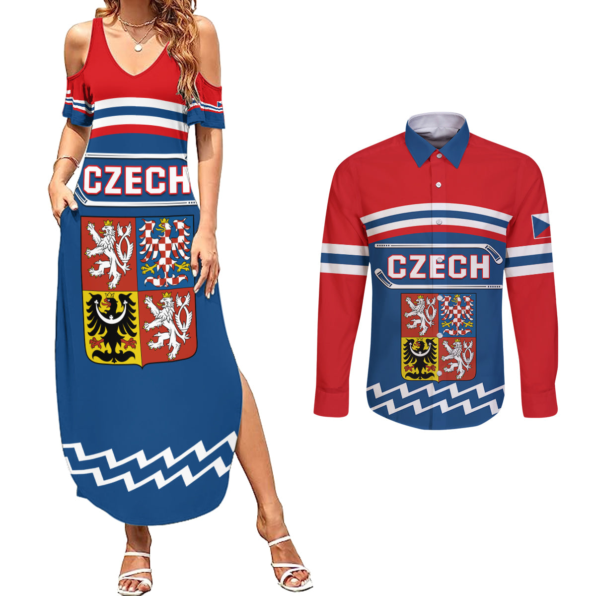 Czech Hockey 2024 Couples Matching Summer Maxi Dress and Long Sleeve Button Shirt Come on Czechia - Wonder Print Shop