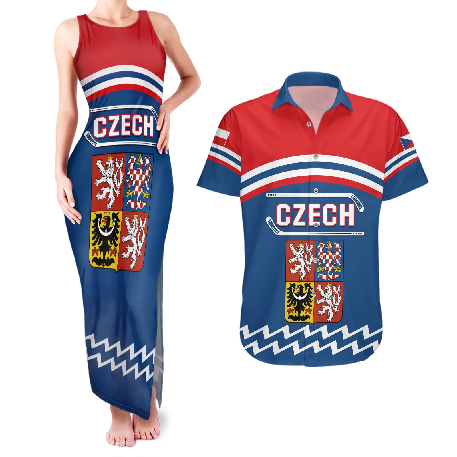 Czech Hockey 2024 Couples Matching Tank Maxi Dress and Hawaiian Shirt Come on Czechia - Wonder Print Shop