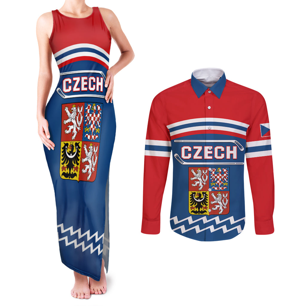 Czech Hockey 2024 Couples Matching Tank Maxi Dress and Long Sleeve Button Shirt Come on Czechia - Wonder Print Shop