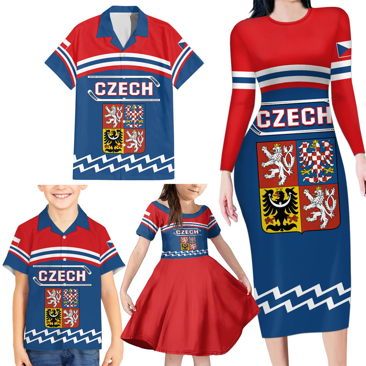 Czech Hockey 2024 Family Matching Long Sleeve Bodycon Dress and Hawaiian Shirt Come on Czechia - Wonder Print Shop