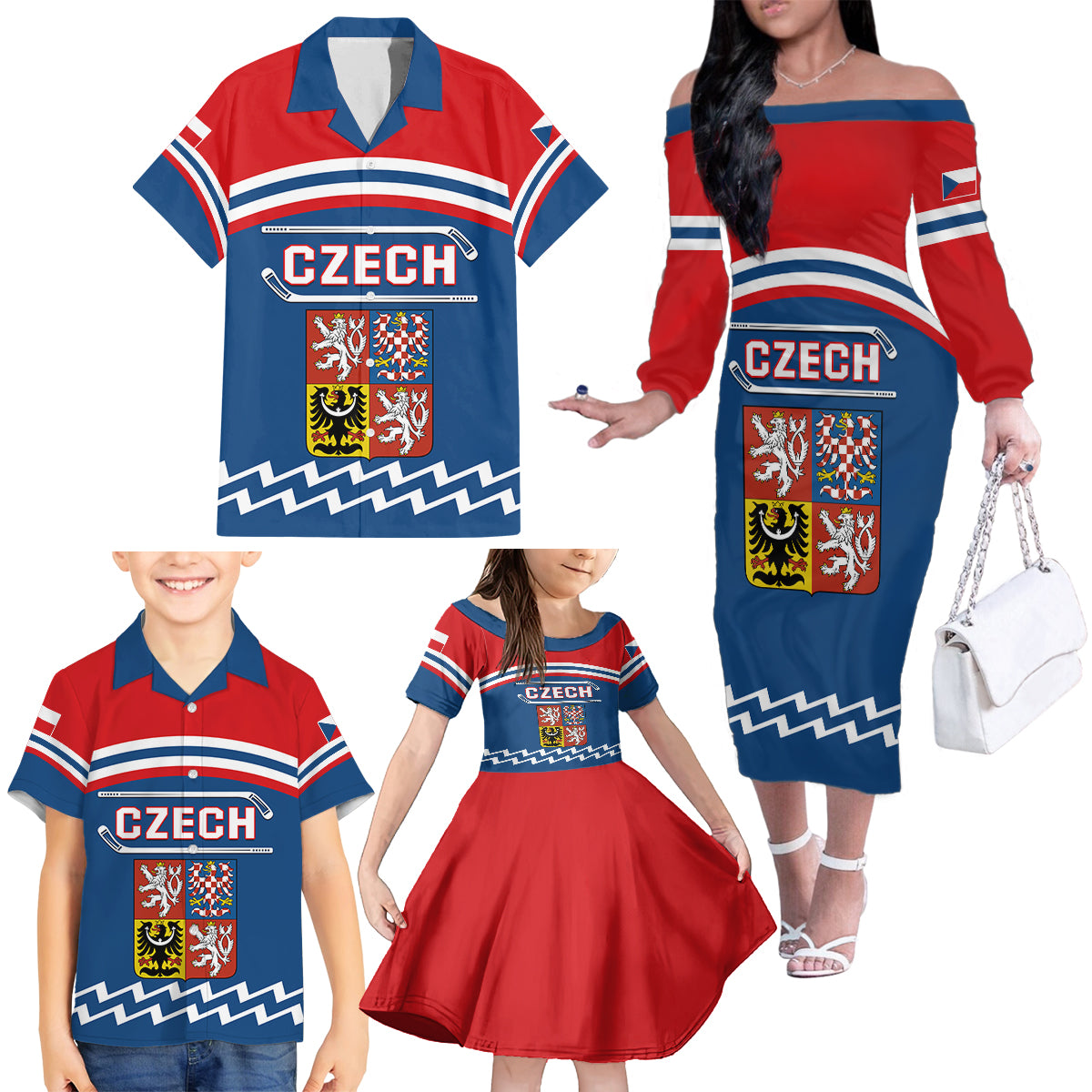 Czech Hockey 2024 Family Matching Off The Shoulder Long Sleeve Dress and Hawaiian Shirt Come on Czechia - Wonder Print Shop