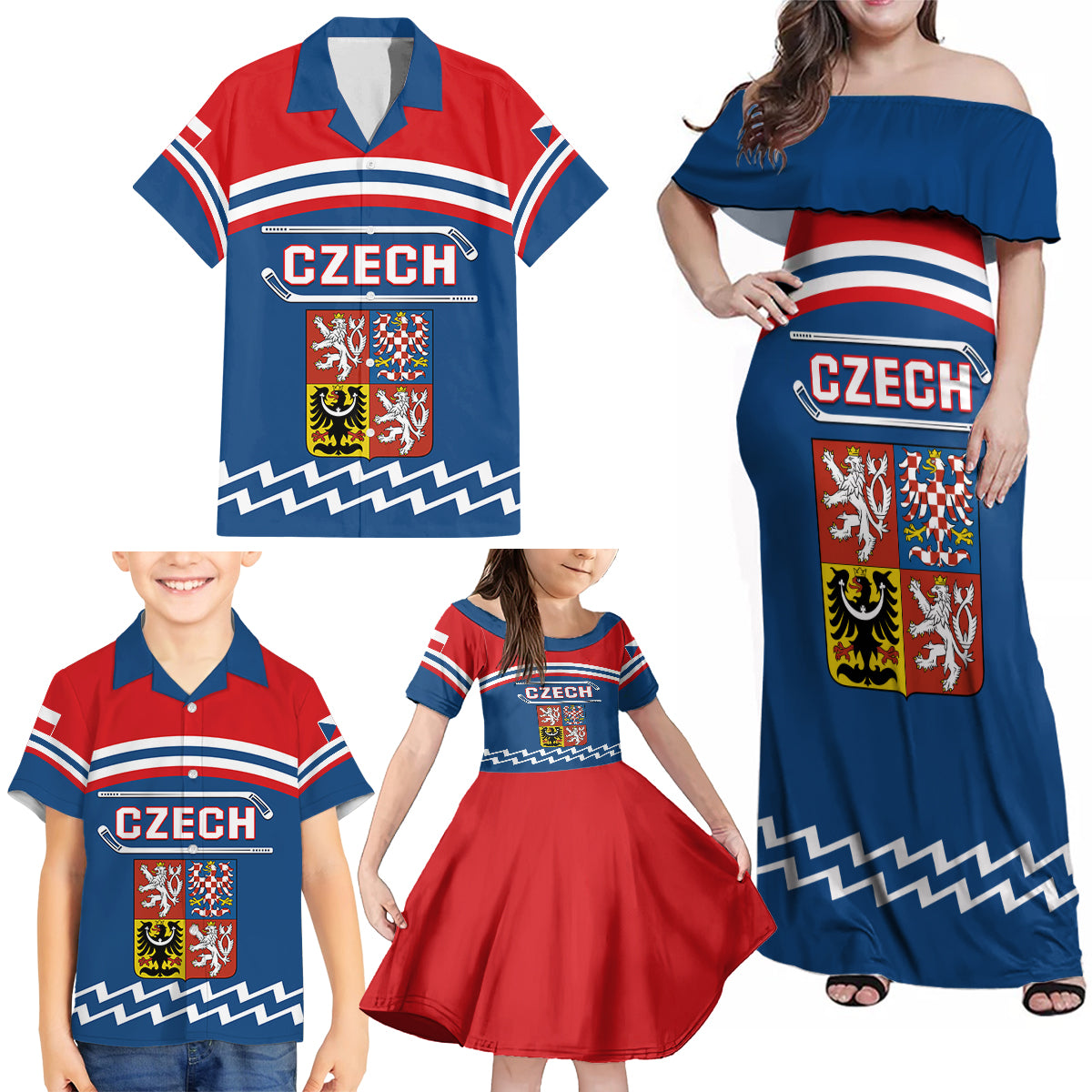 Czech Hockey 2024 Family Matching Off Shoulder Maxi Dress and Hawaiian Shirt Come on Czechia - Wonder Print Shop