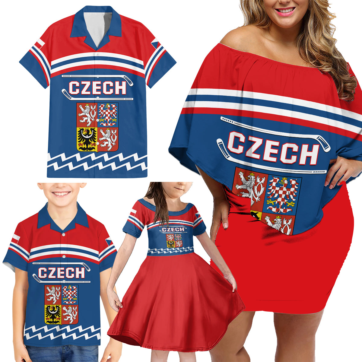 Czech Hockey 2024 Family Matching Off Shoulder Short Dress and Hawaiian Shirt Come on Czechia - Wonder Print Shop