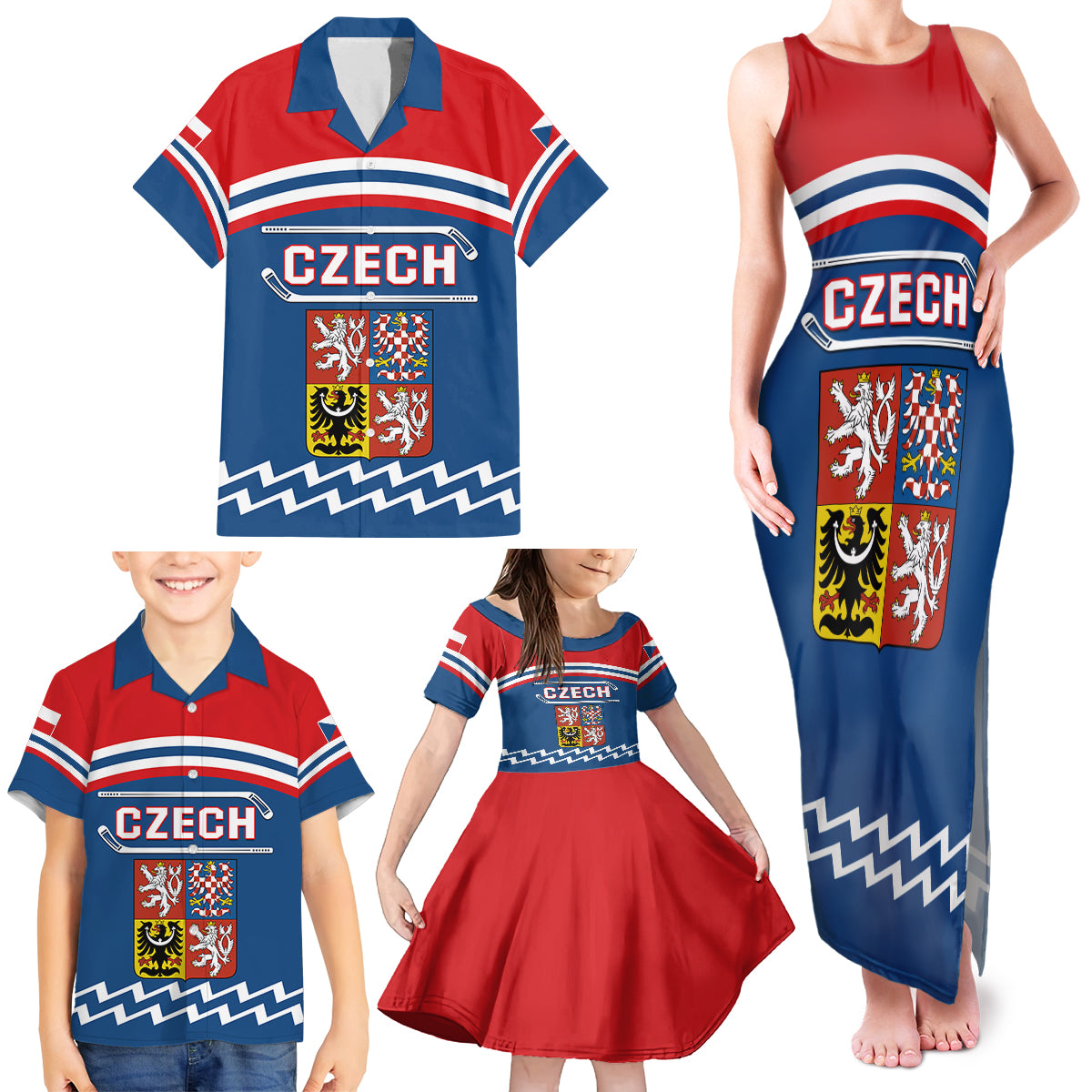 Czech Hockey 2024 Family Matching Tank Maxi Dress and Hawaiian Shirt Come on Czechia - Wonder Print Shop