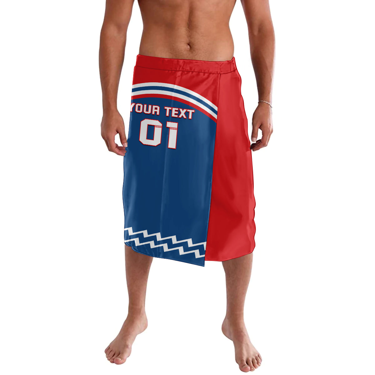 Red and blue sports shorts with elastic waistband and bold graphic panel