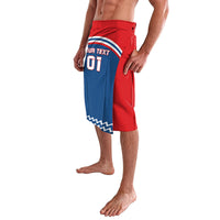 Two-tone red and blue sports shorts with front graphic panel