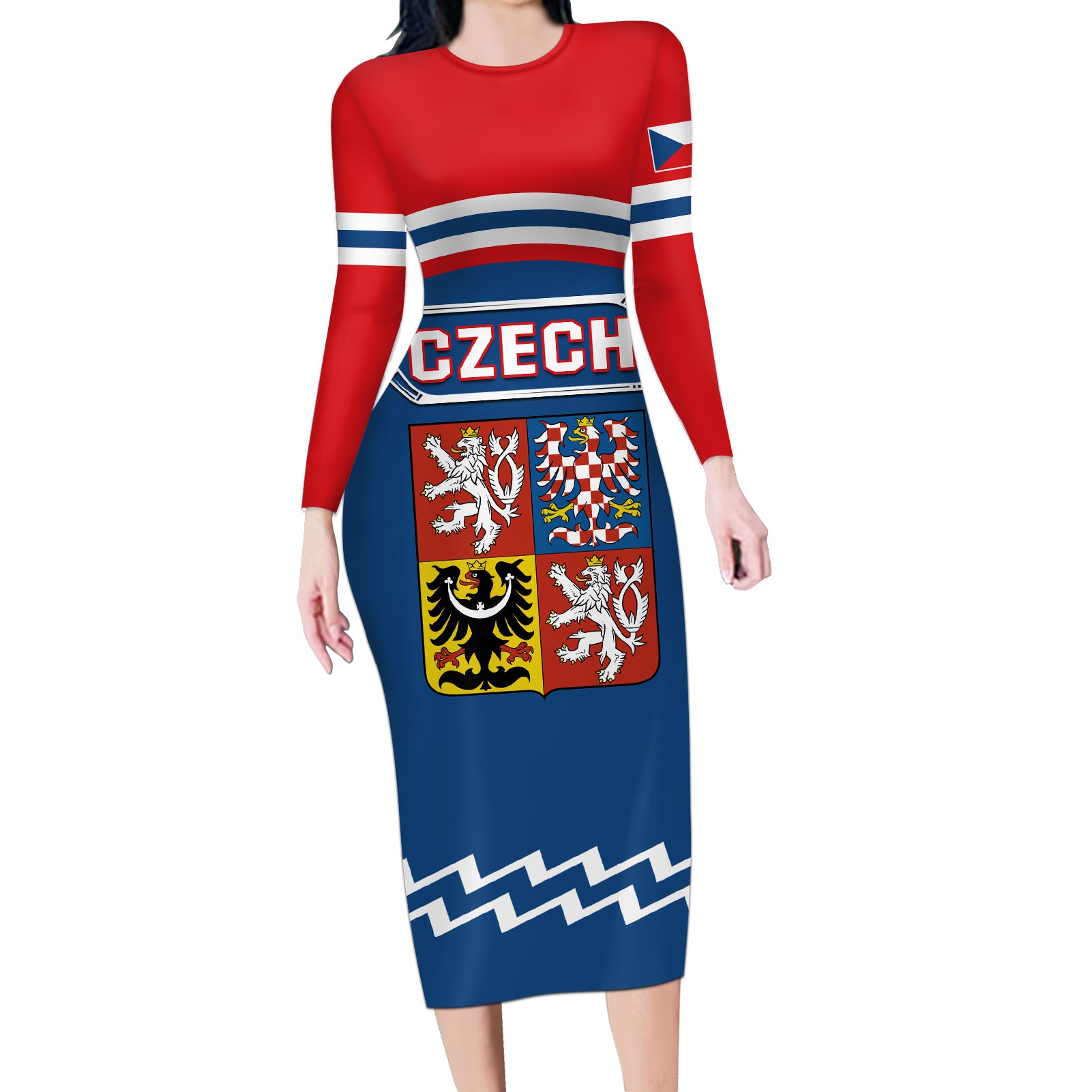 Czech Hockey 2024 Long Sleeve Bodycon Dress Come on Czechia - Wonder Print Shop