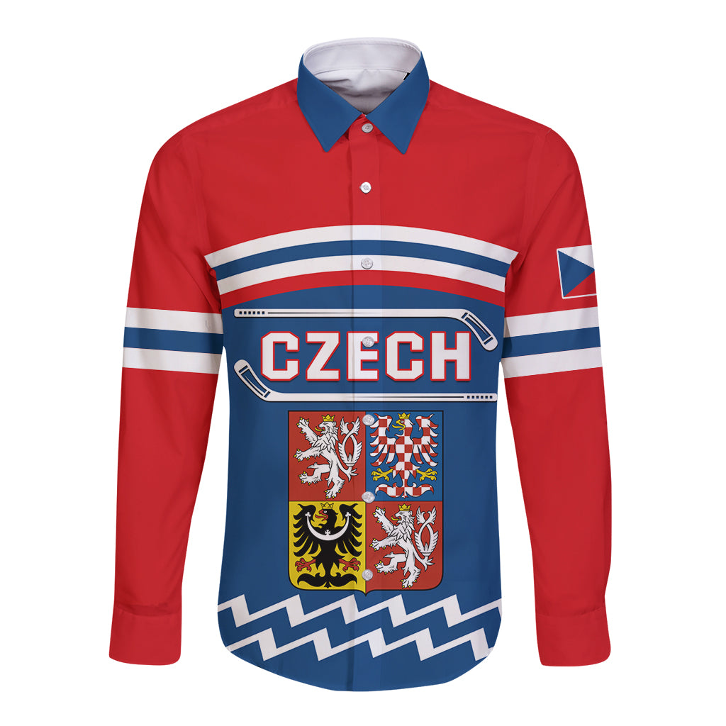 Long-sleeve hockey button shirt, red/blue with stripes; front 'CZECH' crest