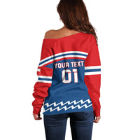 Women’s red off-shoulder sweater back view with blue stripes and 'YOUR TEXT 01'