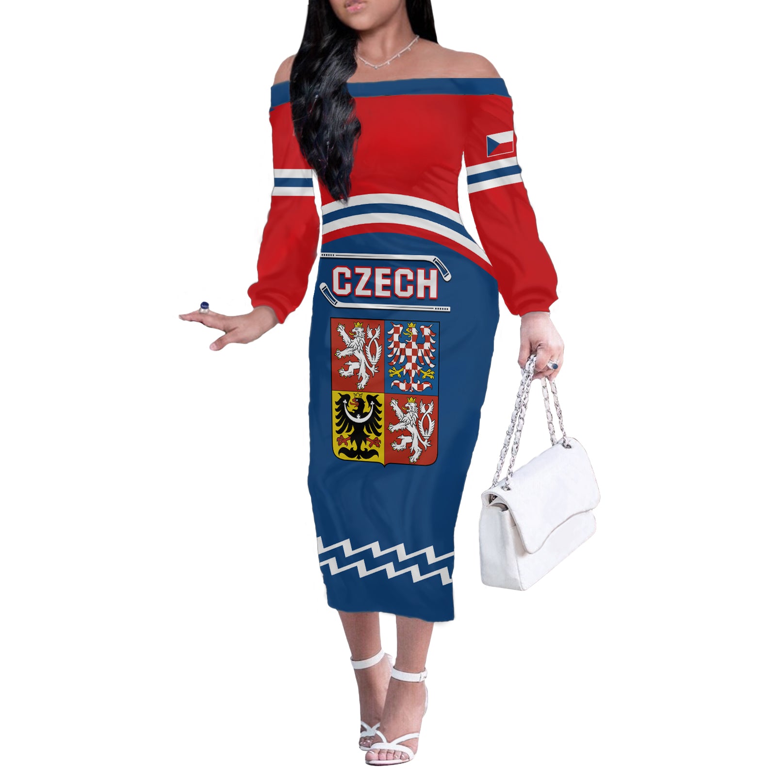 Czech Hockey 2024 Off The Shoulder Long Sleeve Dress Come on Czechia - Wonder Print Shop