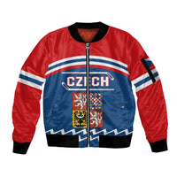 Unisex red/blue bomber jacket with front zip, ribbed collar, crest and sleeve stripes