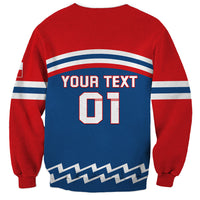 Red unisex hockey sweatshirt with blue back panel and 'YOUR TEXT 01' print