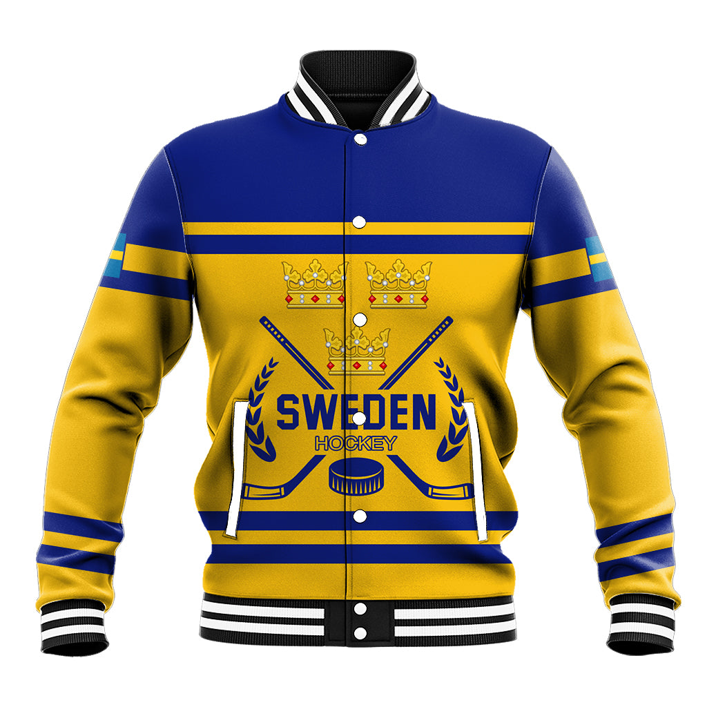 Unisex blue and yellow baseball jacket with snap buttons, striped cuffs, Sweden Hockey crest