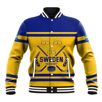 Unisex blue and yellow baseball jacket with snap buttons, striped cuffs, Sweden Hockey crest