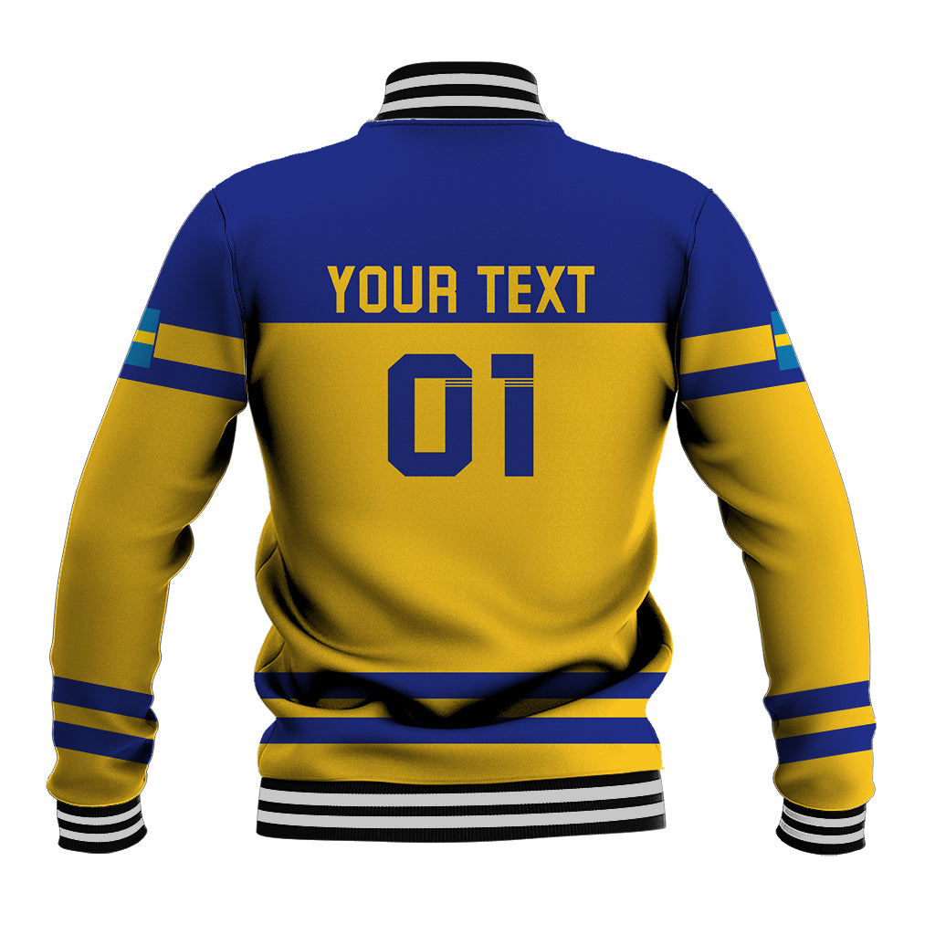 Unisex blue and yellow baseball jacket back with 'YOUR TEXT' and number 01