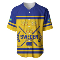 Blue and yellow Sweden Hockey baseball jersey front with crowns, crossed sticks, V-neck