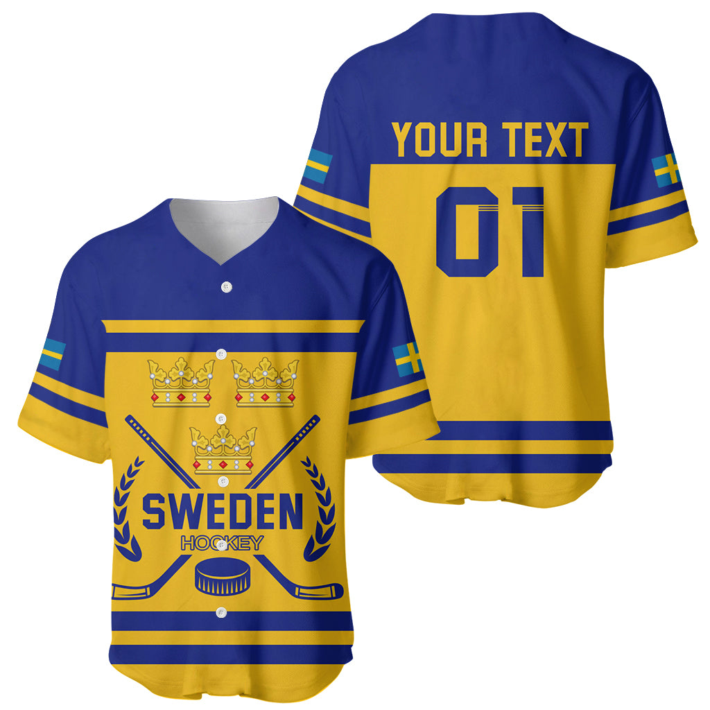 Blue and yellow Sweden Hockey baseball jersey, front graphics and "YOUR TEXT" back