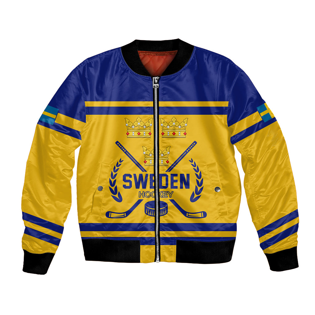 Unisex bomber jacket, blue and yellow with Sweden crest and striped sleeves