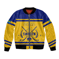 Unisex bomber jacket, blue and yellow with Sweden crest and striped sleeves