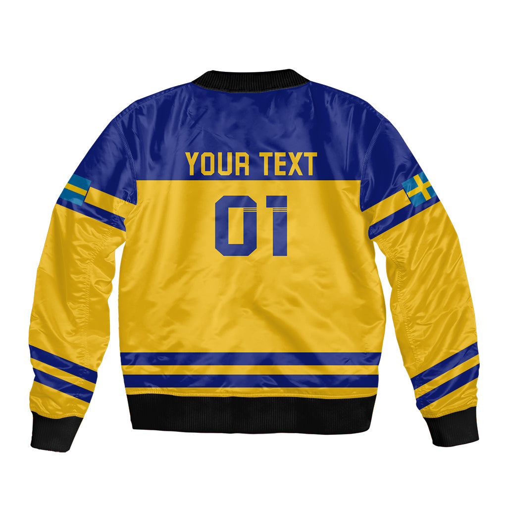 Unisex bomber jacket back, blue and yellow with 'YOUR TEXT' and number 01