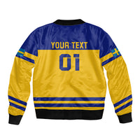 Unisex bomber jacket back, blue and yellow with 'YOUR TEXT' and number 01
