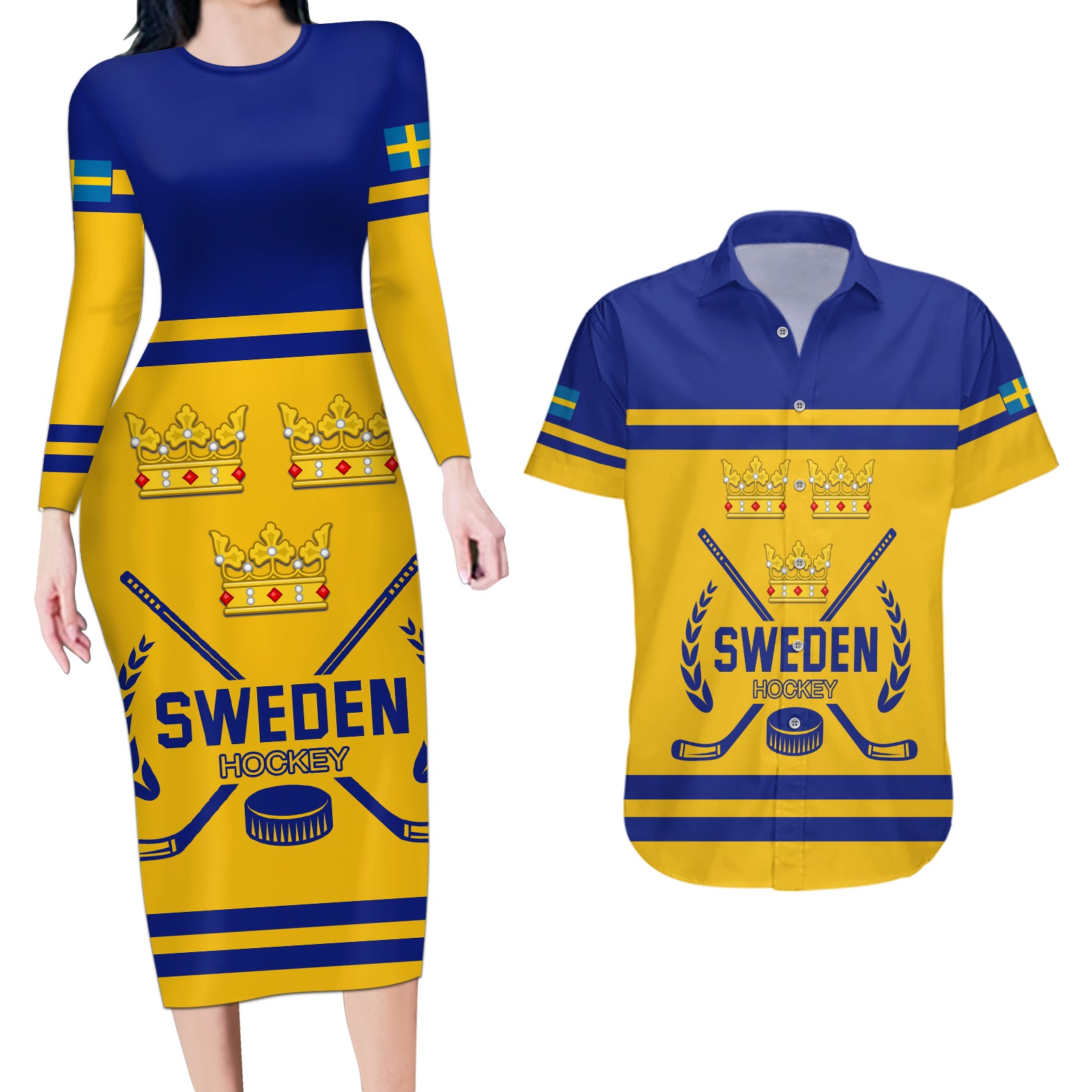 Sweden Hockey 2024 Couples Matching Long Sleeve Bodycon Dress and Hawaiian Shirt Tre Kronor Come on - Wonder Print Shop