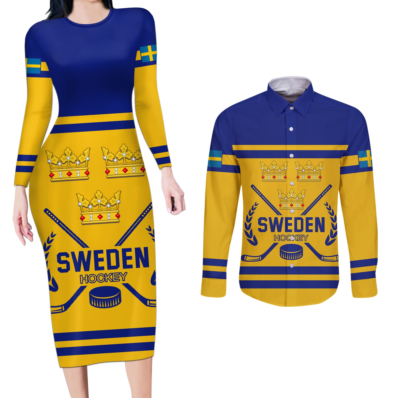 Sweden Hockey 2024 Couples Matching Long Sleeve Bodycon Dress and Long Sleeve Button Shirt Tre Kronor Come on - Wonder Print Shop