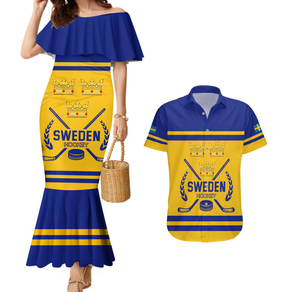 Sweden Hockey 2024 Couples Matching Mermaid Dress and Hawaiian Shirt Tre Kronor Come on - Wonder Print Shop