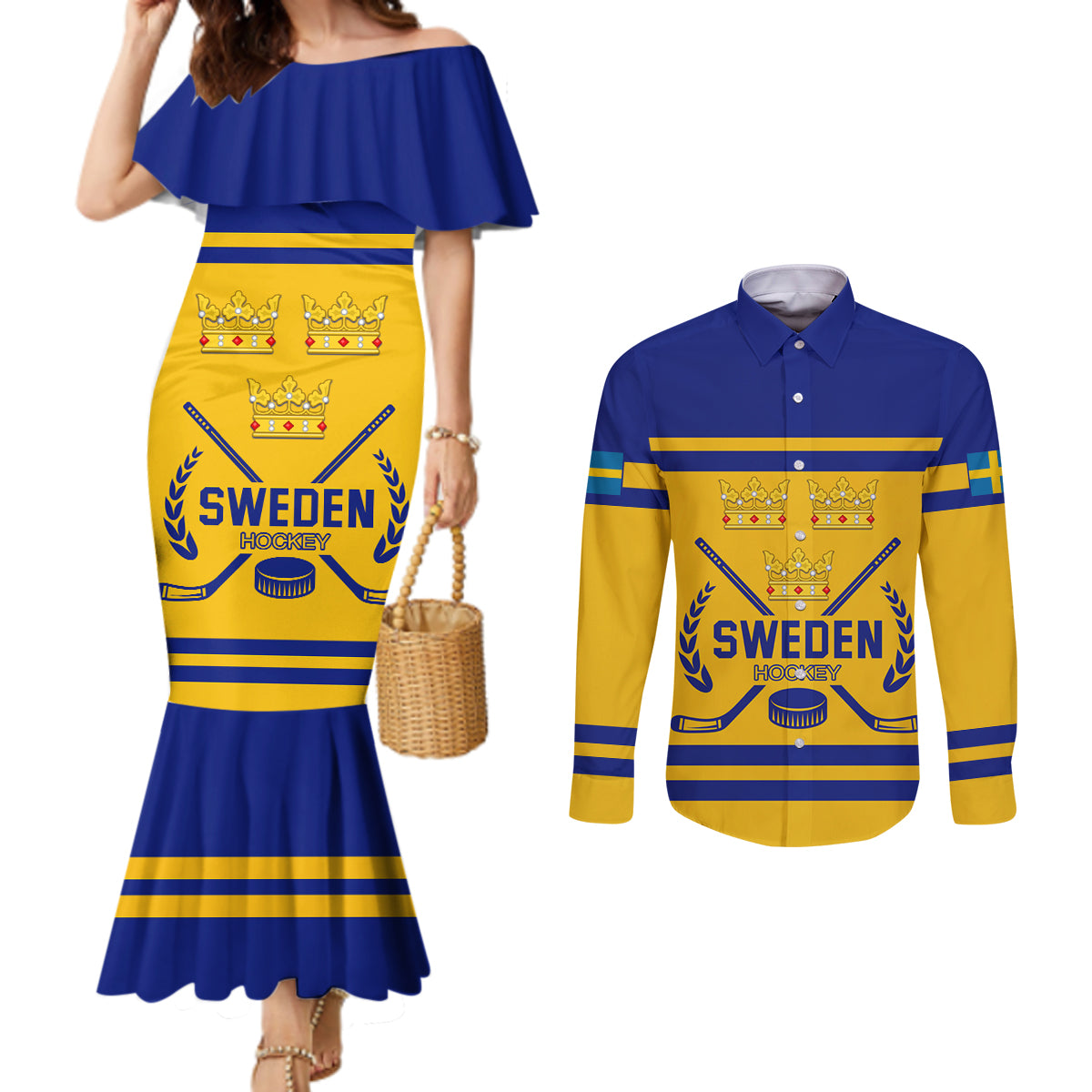 Sweden Hockey 2024 Couples Matching Mermaid Dress and Long Sleeve Button Shirt Tre Kronor Come on