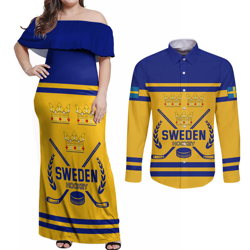 Sweden Hockey 2024 Couples Matching Off Shoulder Maxi Dress and Long Sleeve Button Shirt Tre Kronor Come on - Wonder Print Shop