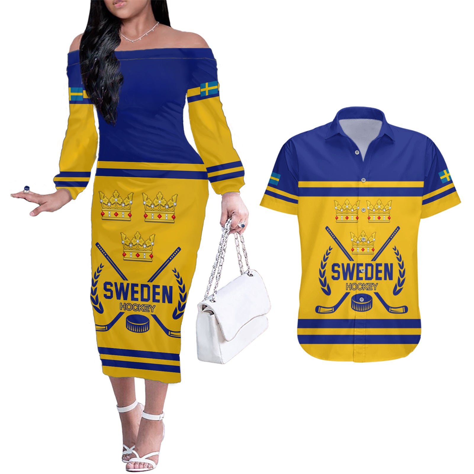 Sweden Hockey 2024 Couples Matching Off The Shoulder Long Sleeve Dress and Hawaiian Shirt Tre Kronor Come on - Wonder Print Shop