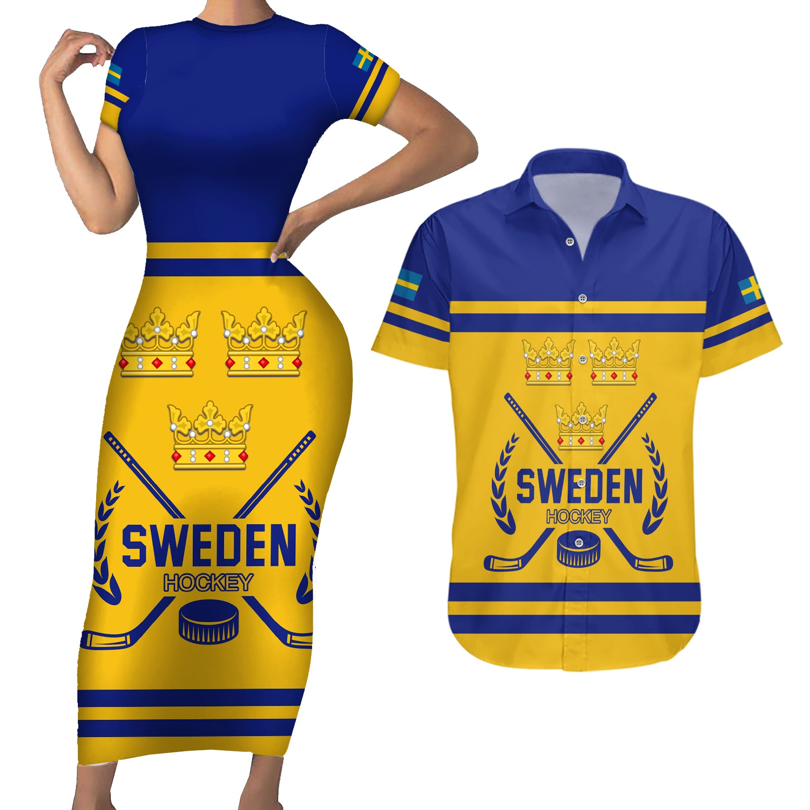 Sweden Hockey 2024 Couples Matching Short Sleeve Bodycon Dress and Hawaiian Shirt Tre Kronor Come on - Wonder Print Shop