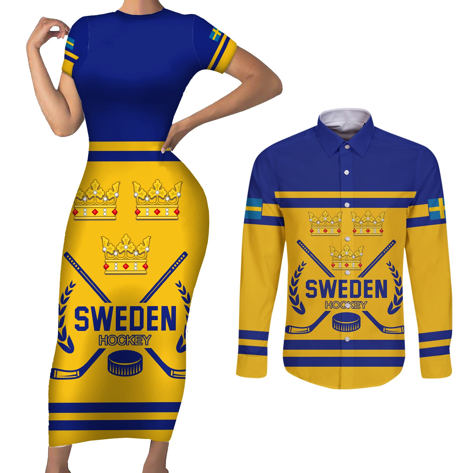 Sweden Hockey 2024 Couples Matching Short Sleeve Bodycon Dress and Long Sleeve Button Shirt Tre Kronor Come on - Wonder Print Shop