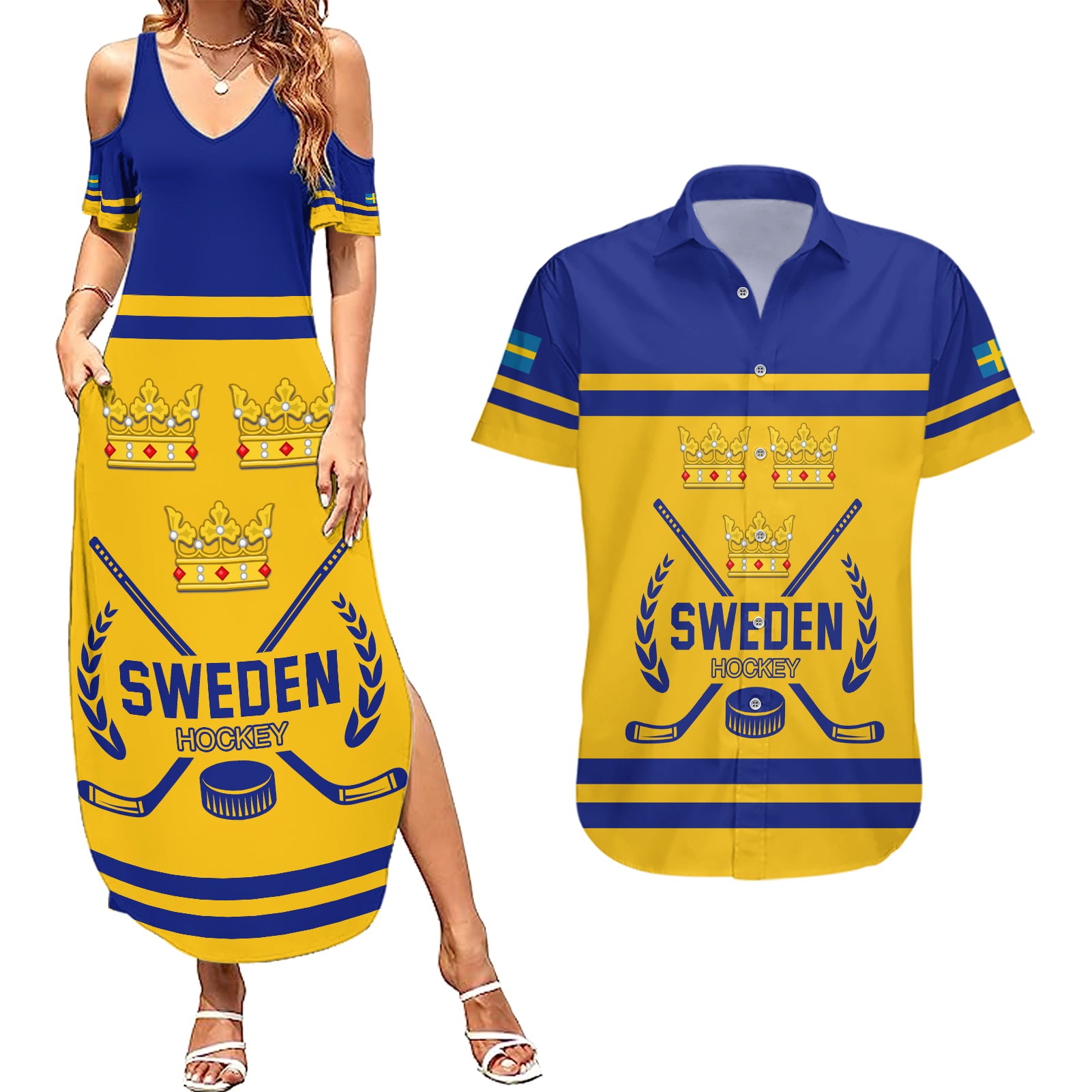 Sweden Hockey 2024 Couples Matching Summer Maxi Dress and Hawaiian Shirt Tre Kronor Come on - Wonder Print Shop