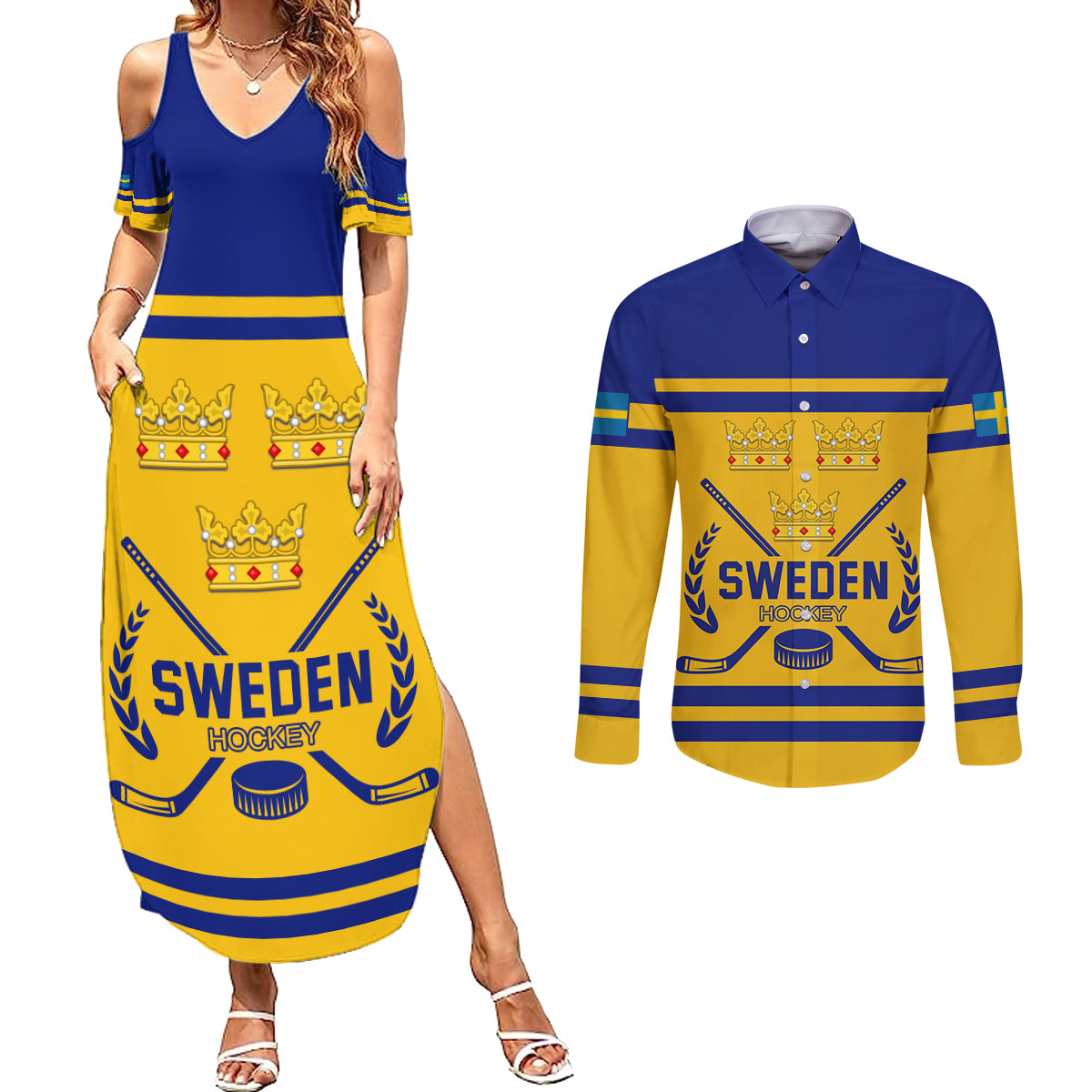 Sweden Hockey 2024 Couples Matching Summer Maxi Dress and Long Sleeve Button Shirt Tre Kronor Come on - Wonder Print Shop