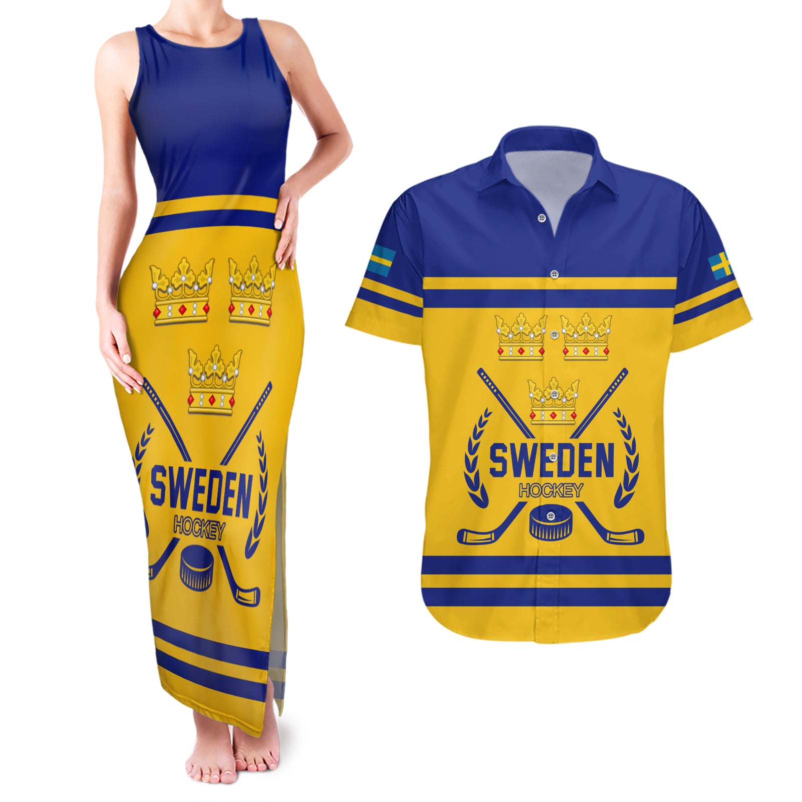 Sweden Hockey 2024 Couples Matching Tank Maxi Dress and Hawaiian Shirt Tre Kronor Come on - Wonder Print Shop