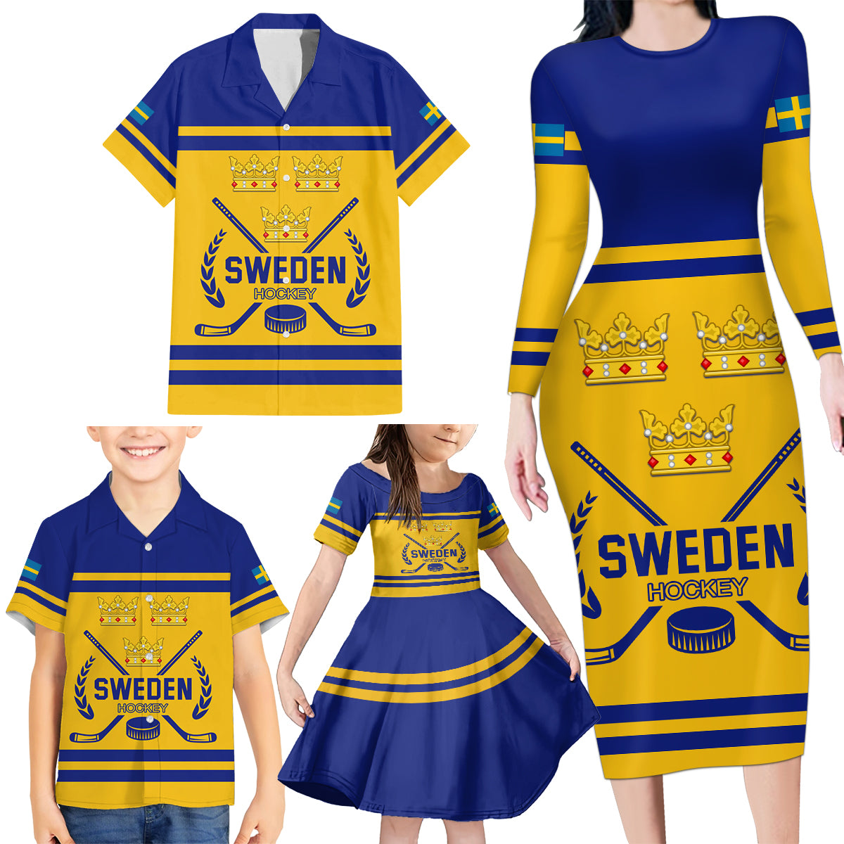 Sweden Hockey 2024 Family Matching Long Sleeve Bodycon Dress and Hawaiian Shirt Tre Kronor Come on - Wonder Print Shop