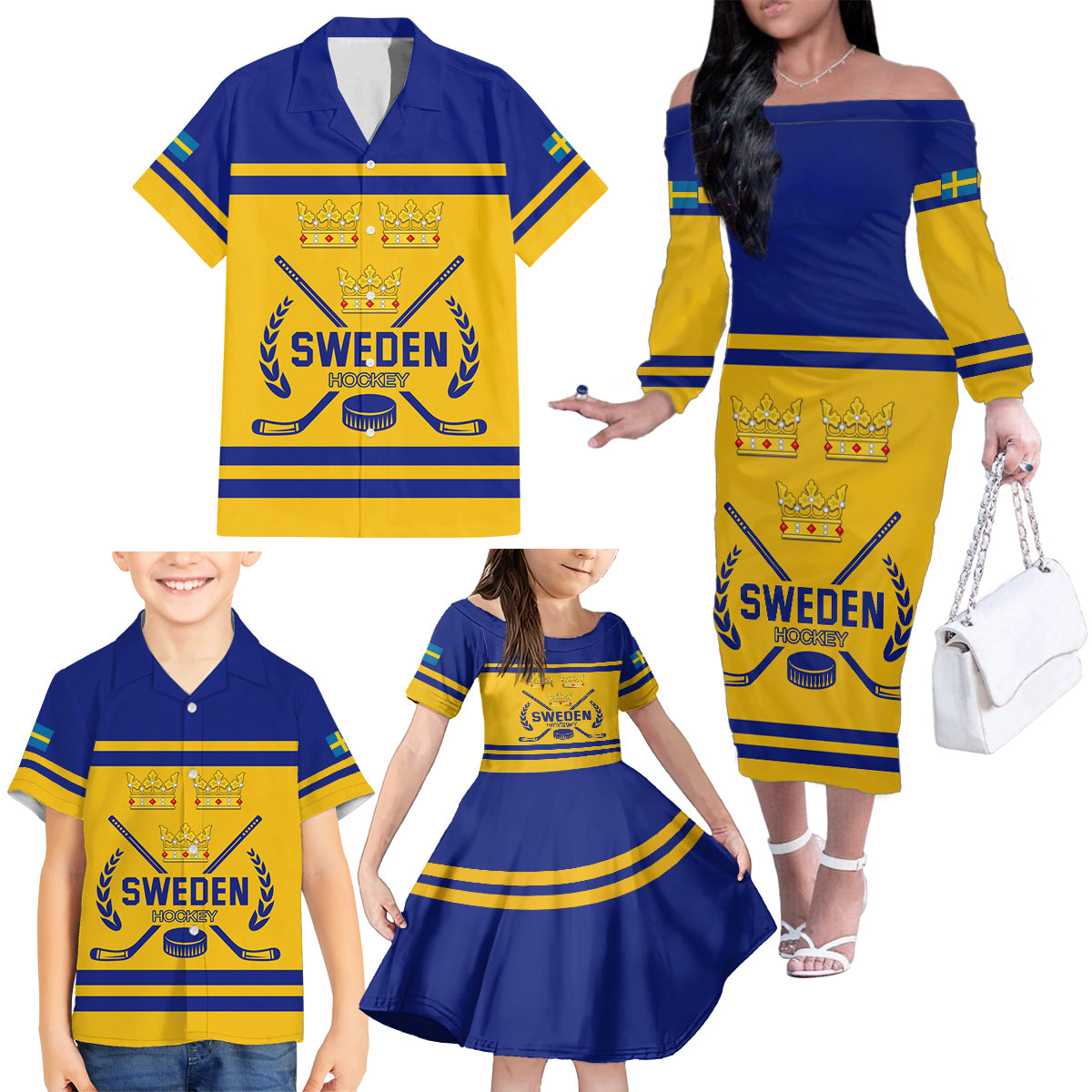 Sweden Hockey 2024 Family Matching Off The Shoulder Long Sleeve Dress and Hawaiian Shirt Tre Kronor Come on - Wonder Print Shop