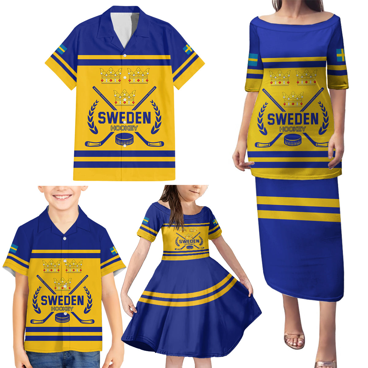 Sweden Hockey 2024 Family Matching Puletasi and Hawaiian Shirt Tre Kronor Come on - Wonder Print Shop