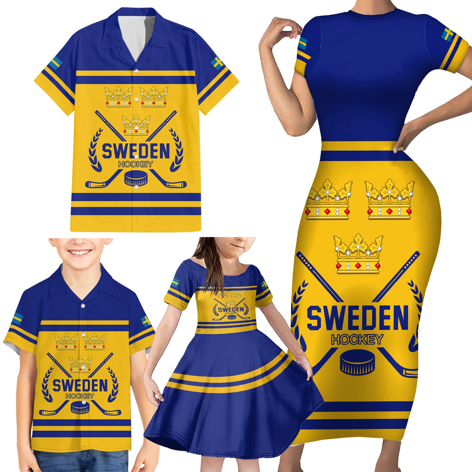 Sweden Hockey 2024 Family Matching Short Sleeve Bodycon Dress and Hawaiian Shirt Tre Kronor Come on - Wonder Print Shop