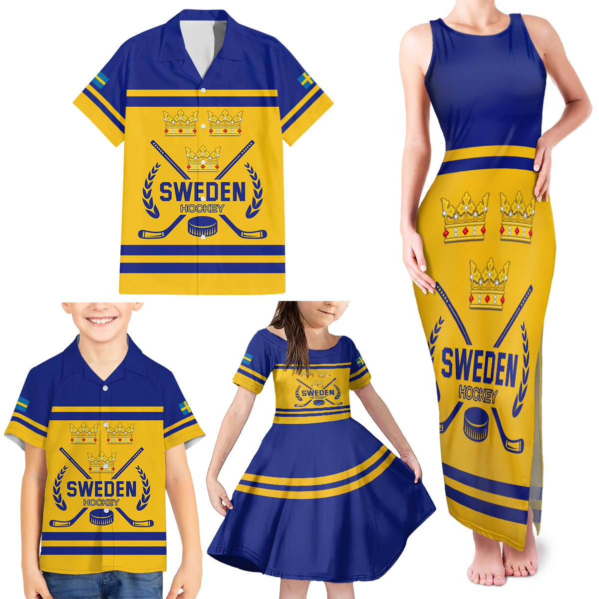 Sweden Hockey 2024 Family Matching Tank Maxi Dress and Hawaiian Shirt Tre Kronor Come on - Wonder Print Shop