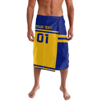 Blue and yellow hockey-style board shorts with elastic waist, side print and stripe panels