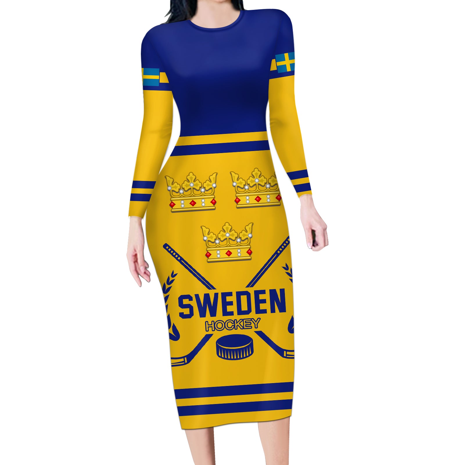 Sweden Hockey 2024 Long Sleeve Bodycon Dress Tre Kronor Come on - Wonder Print Shop