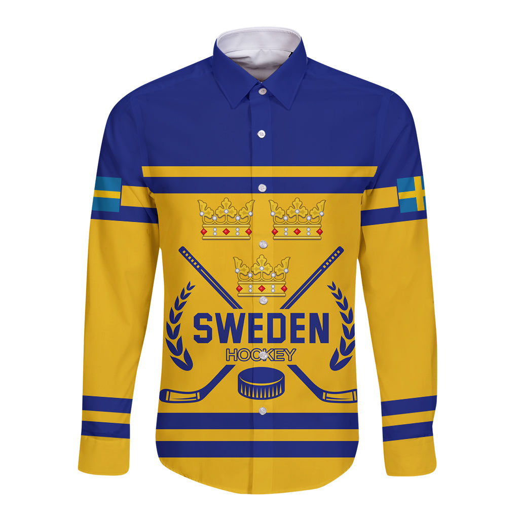 Long-sleeve hockey button shirt in blue and yellow with Sweden crest and logo