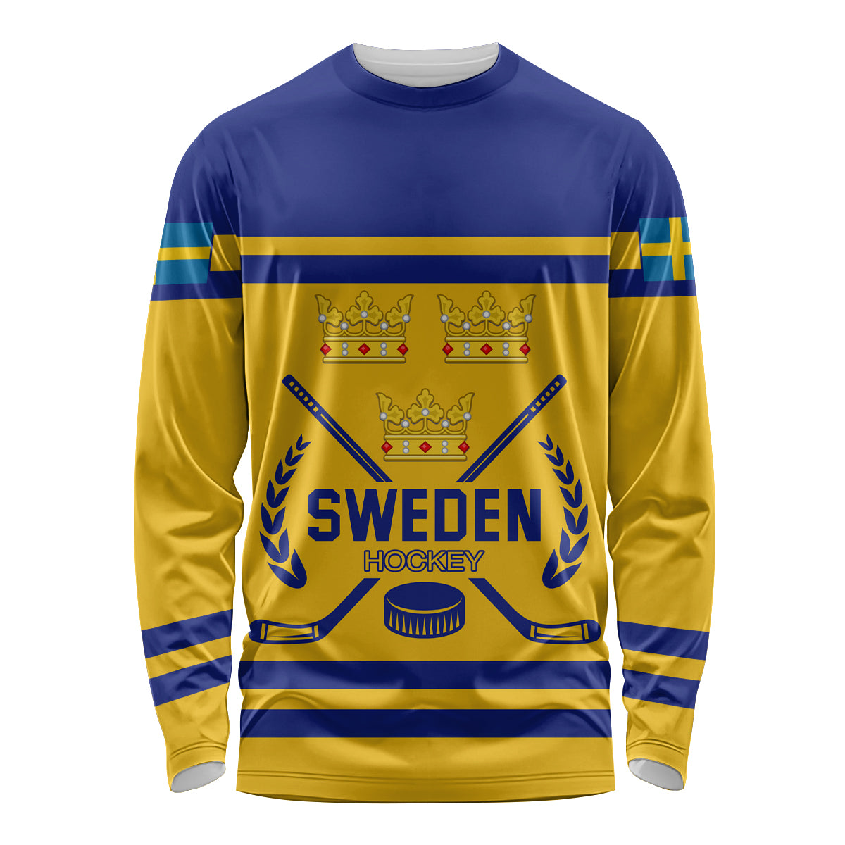 Long sleeve hockey shirt with Sweden crest, crowns, and blue-yellow stripes