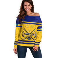 Off-shoulder Sweden hockey sweater with blue and yellow stripes and crest logo