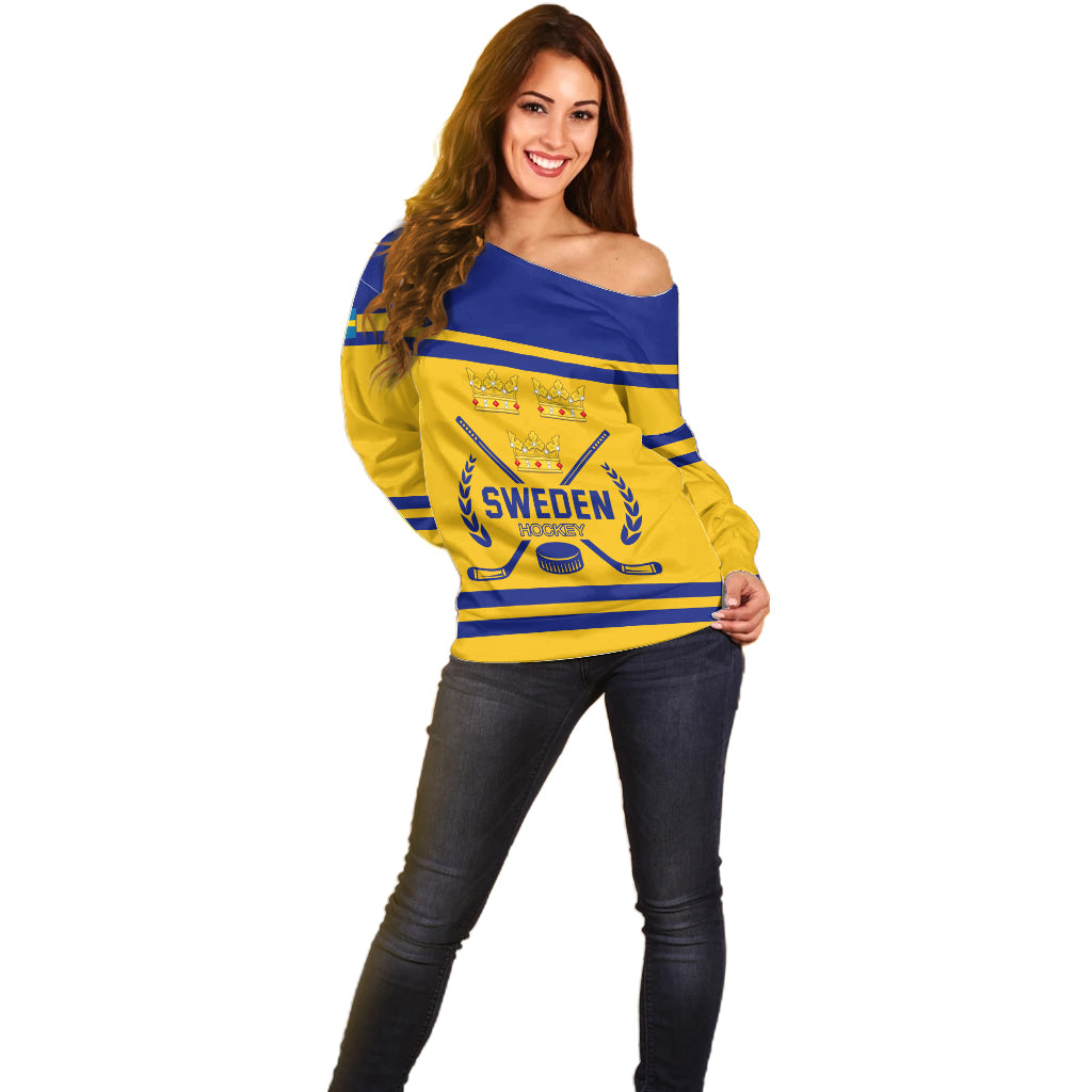 Off-shoulder Sweden hockey sweater with crest, crowns, and SWEDEN WOMEN badge