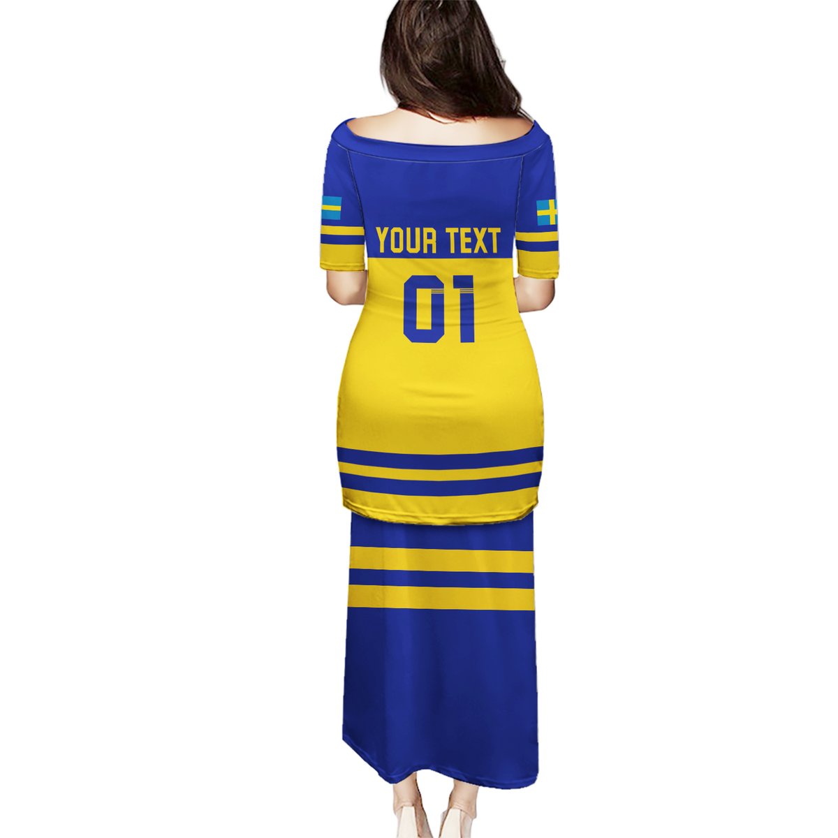 Blue and yellow long dress with striped hem and 'YOU TEXT' plus 01 print